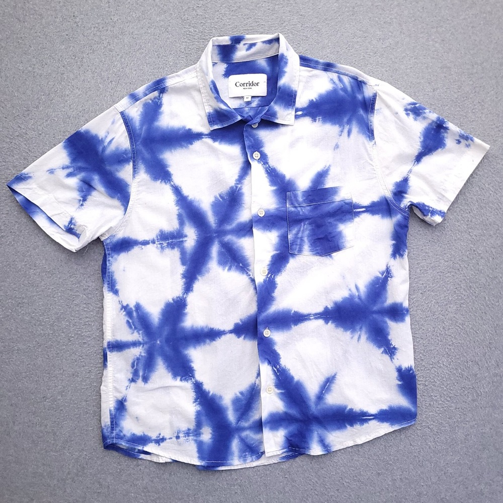 Corridor NYC Button Up Shirt Mens Medium Tie-Dye Blue White Abstract Art